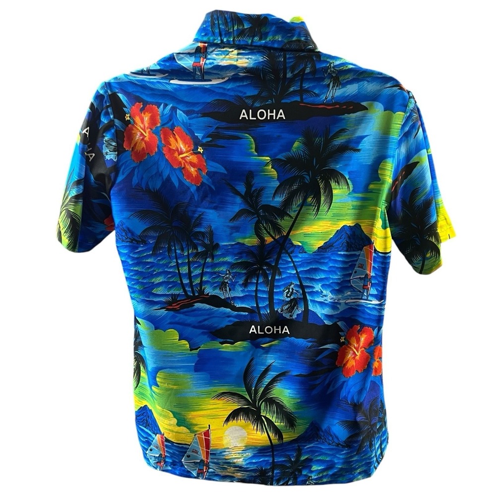 La Leela Shirt Small Blue Multicolor Hawaiian Palm Tree Miami Tropical Aloha - Picture 7 of 10